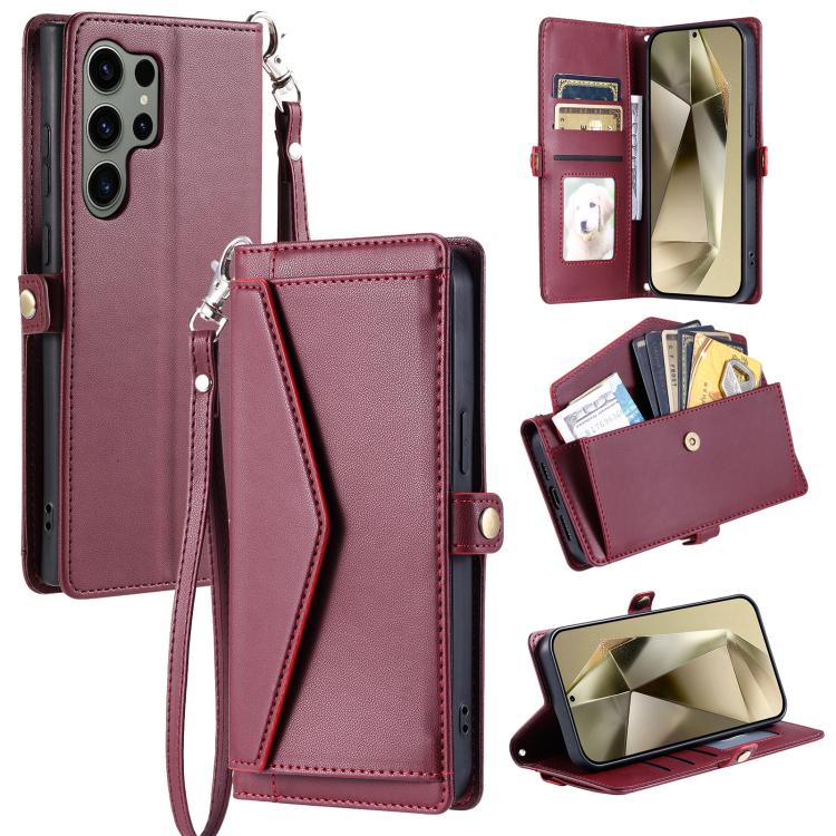 

For Samsung Galaxy S26 Ultra 5G Wallet Multi-card Slot Leather Phone Case with Lanyard(Wine Red)