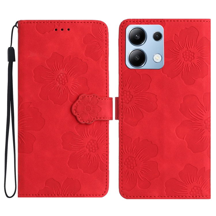 

For Redmi Note 14 4G 163.25mm Flower Embossing Pattern Leather Phone Case(Red)