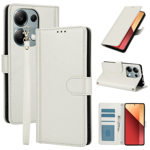 

For Redmi Note 13 Pro 4G Global Skin Feel Pure Color Card Slots Leather Phone Case with Dual Lanyard(White)