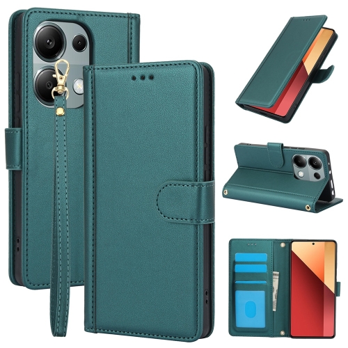 

For Redmi Note 13 4G Global Skin Feel Pure Color Card Slots Leather Phone Case with Dual Lanyard(Green)