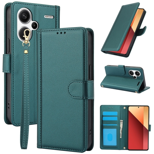 

For Redmi Note 13 Pro+ 5G Global Skin Feel Pure Color Card Slots Leather Phone Case with Dual Lanyard(Green)