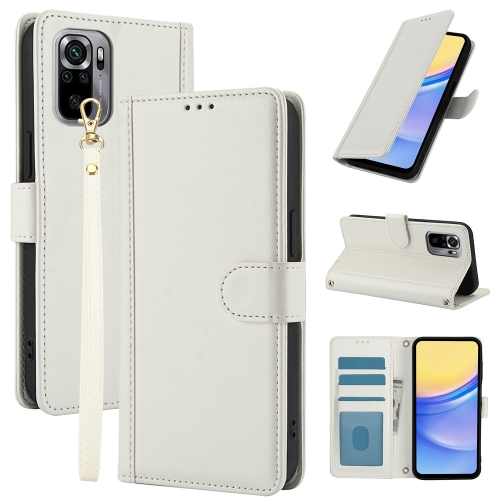 

For Redmi Note 10 4G / Note 10S 4G Skin Feel Pure Color Card Slots Leather Phone Case with Dual Lanyard(White)