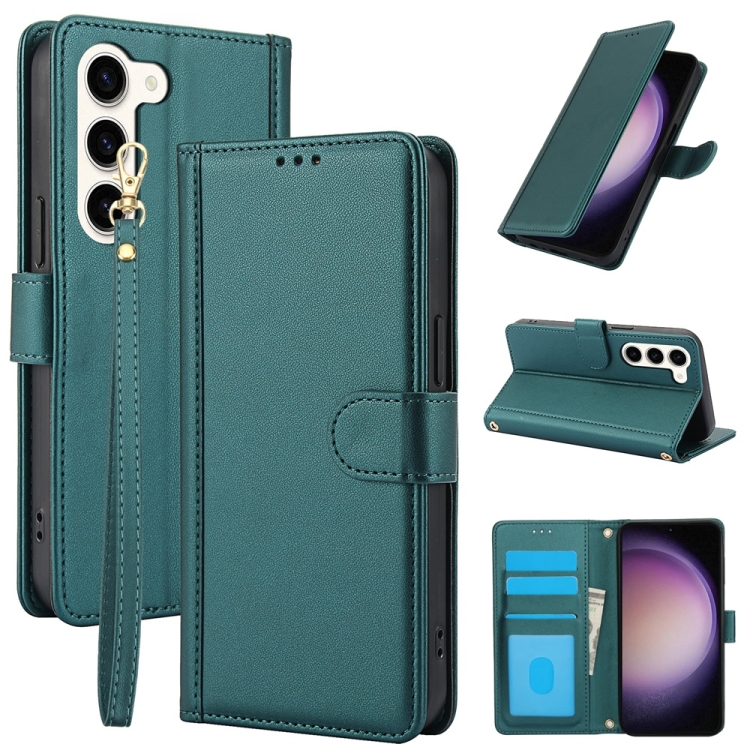

For Samsung Galaxy S23+ 5G Skin Feel Pure Color Card Slots Leather Phone Case with Dual Lanyard(Green)