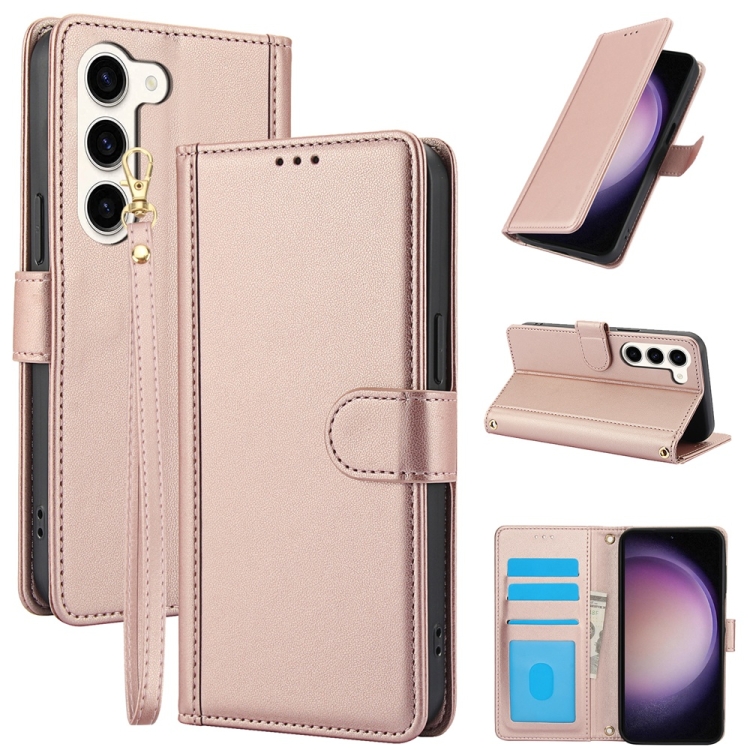

For Samsung Galaxy S23+ 5G Skin Feel Pure Color Card Slots Leather Phone Case with Dual Lanyard(Rose Gold)