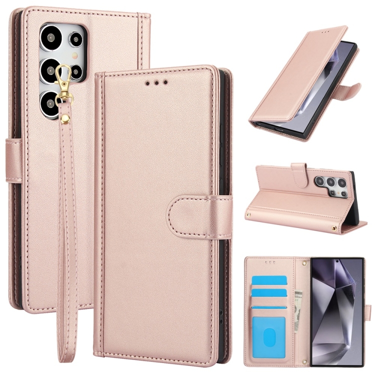 

For Samsung Galaxy S23 Ultra 5G Skin Feel Pure Color Card Slots Leather Phone Case with Dual Lanyard(Rose Gold)