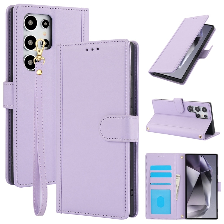 

For Samsung Galaxy S23 Ultra 5G Skin Feel Pure Color Card Slots Leather Phone Case with Dual Lanyard(Purple)
