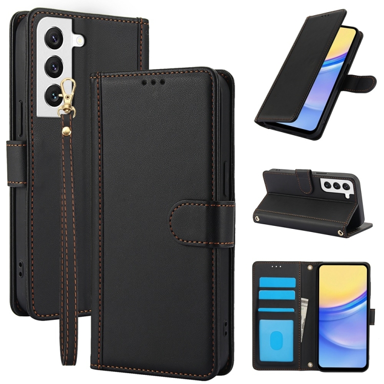 

For Samsung Galaxy S22+ 5G Skin Feel Pure Color Card Slots Leather Phone Case with Dual Lanyard(Black)