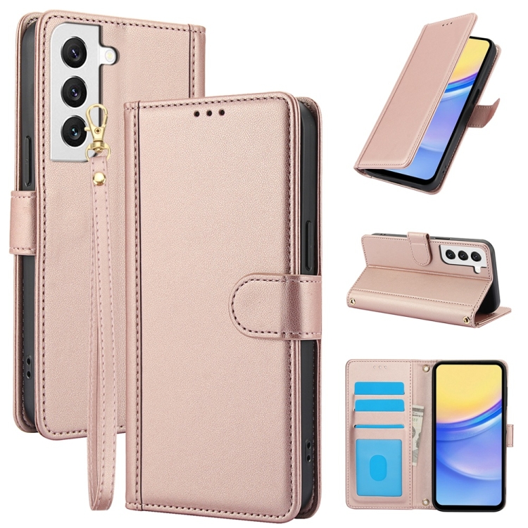 

For Samsung Galaxy S22+ 5G Skin Feel Pure Color Card Slots Leather Phone Case with Dual Lanyard(Rose Gold)