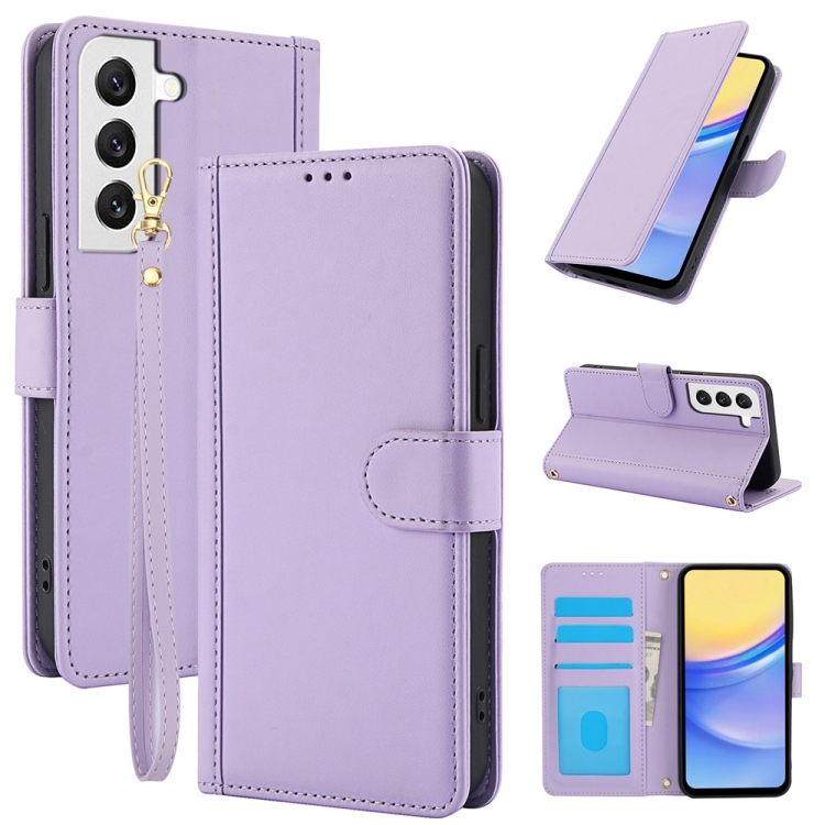 

For Samsung Galaxy S22+ 5G Skin Feel Pure Color Card Slots Leather Phone Case with Dual Lanyard(Purple)