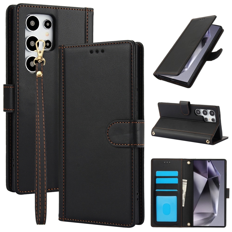 

For Samsung Galaxy S22 Ultra 5G Skin Feel Pure Color Card Slots Leather Phone Case with Dual Lanyard(Black)