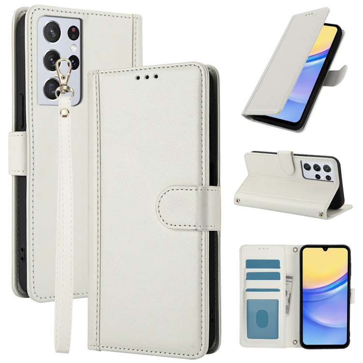 

For Samsung Galaxy S21 Ultra 5G Skin Feel Pure Color Card Slots Leather Phone Case with Dual Lanyard(White)