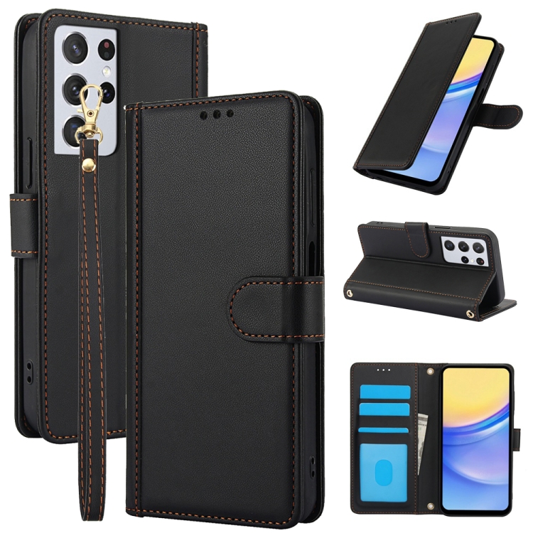 

For Samsung Galaxy S21 Ultra 5G Skin Feel Pure Color Card Slots Leather Phone Case with Dual Lanyard(Black)