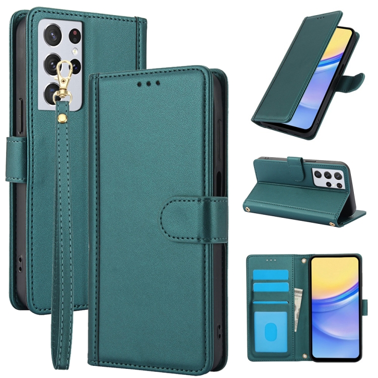 

For Samsung Galaxy S21 Ultra 5G Skin Feel Pure Color Card Slots Leather Phone Case with Dual Lanyard(Green)