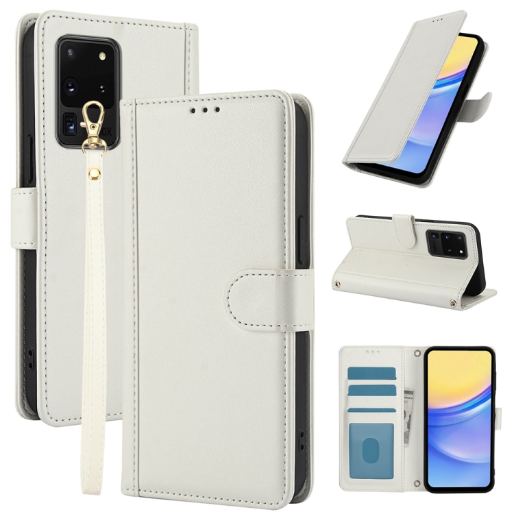

For Samsung Galaxy S20 Ultra Skin Feel Pure Color Card Slots Leather Phone Case with Dual Lanyard(White)