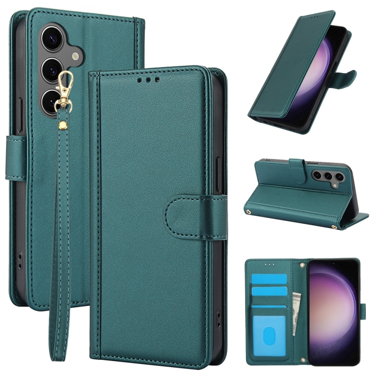 

For Samsung Galaxy S25+ 5G Skin Feel Pure Color Card Slots Leather Phone Case with Dual Lanyard(Green)