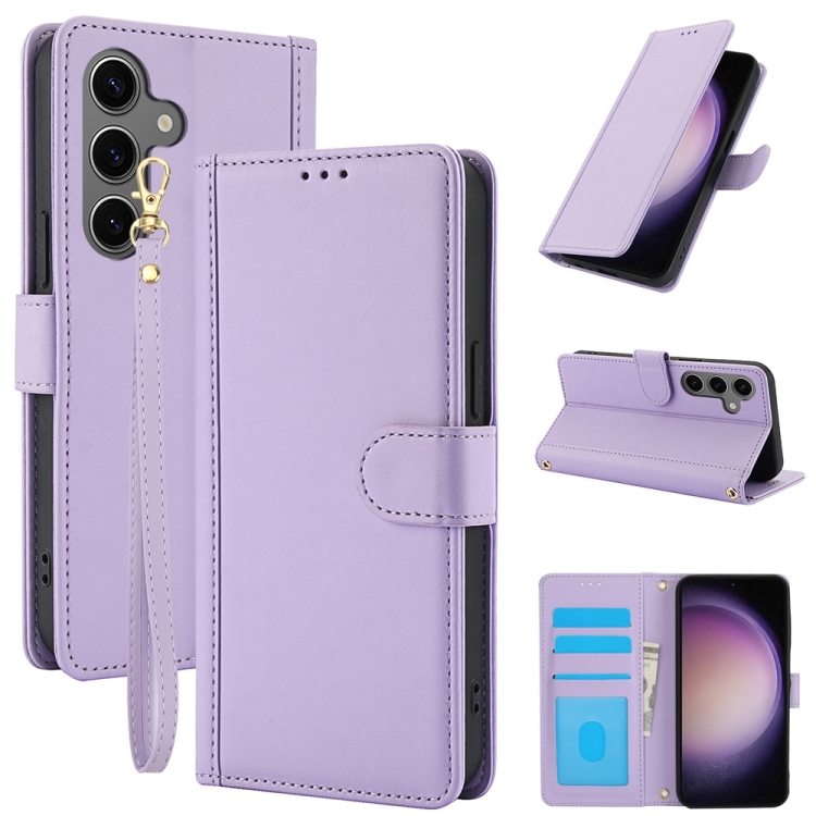 

For Samsung Galaxy S25 5G Skin Feel Pure Color Card Slots Leather Phone Case with Dual Lanyard(Purple)