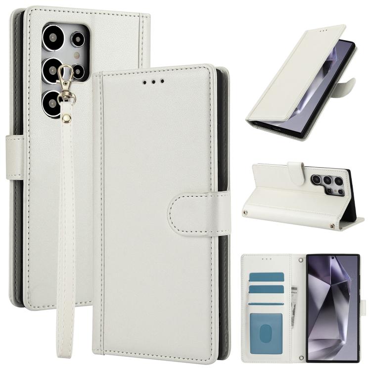 

For Samsung Galaxy S26 Ultra 5G Skin Feel Pure Color Card Slots Leather Phone Case with Dual Lanyard(White)