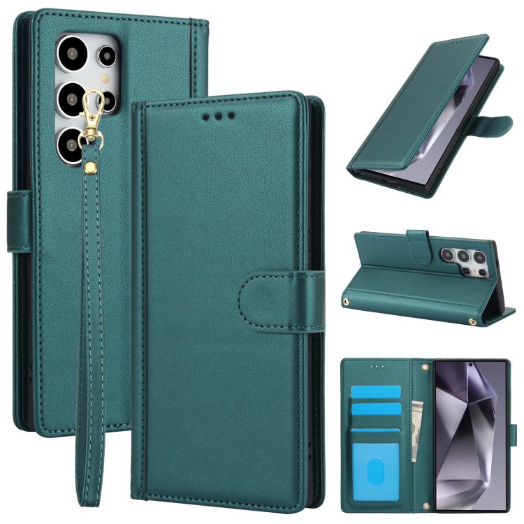 

For Samsung Galaxy S26 Ultra 5G Skin Feel Pure Color Card Slots Leather Phone Case with Dual Lanyard(Green)