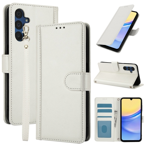 

For Samsung Galaxy A15 5G Skin Feel Pure Color Card Slots Leather Phone Case with Dual Lanyard(White)