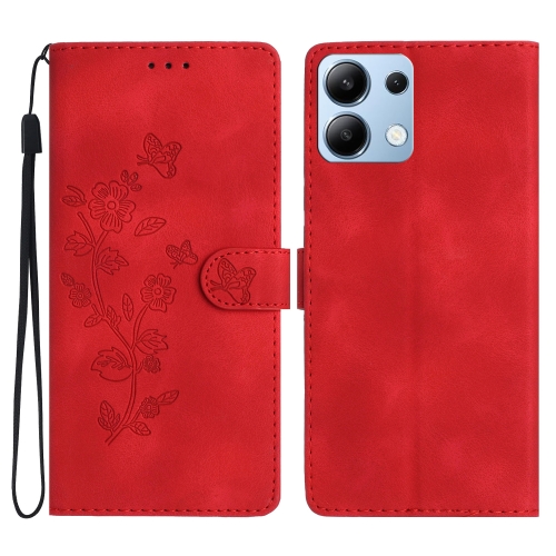 

For Redmi Note 14 4G Flower Butterfly Embossing Pattern Leather Phone Case(Red)