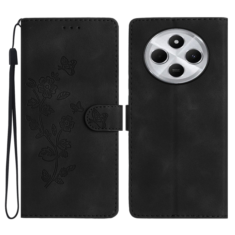 

For Redmi 14C 4G Flower Butterfly Embossing Pattern Leather Phone Case(Black)