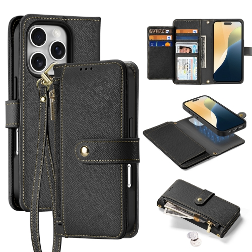 

For iPhone 16 Pro Max DUX DUCIS Lawa Series 2 in 1 Wallet Zipper Detachable MagSafe Phone Case with Lanyard(Black)