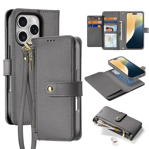 

For iPhone 16 Pro DUX DUCIS Lawa Series 2 in 1 Wallet Zipper Detachable MagSafe Phone Case with Lanyard(Grey)