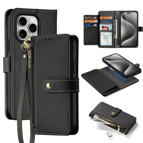 

For iPhone 15 Pro Max DUX DUCIS Lawa Series 2 in 1 Wallet Zipper Detachable MagSafe Phone Case with Lanyard(Black)