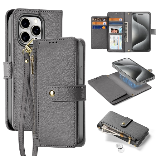 

For iPhone 15 Pro Max DUX DUCIS Lawa Series 2 in 1 Wallet Zipper Detachable MagSafe Phone Case with Lanyard(Grey)