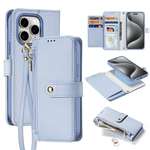 

For iPhone 15 Pro DUX DUCIS Lawa Series 2 in 1 Wallet Zipper Detachable MagSafe Phone Case with Lanyard(Light Blue)