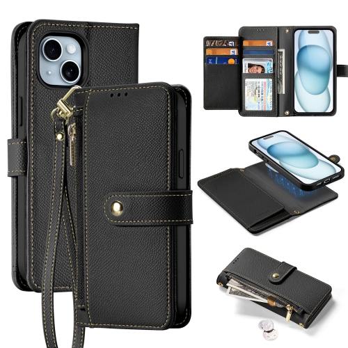 

For iPhone 15 Plus DUX DUCIS Lawa Series 2 in 1 Wallet Zipper Detachable MagSafe Phone Case with Lanyard(Black)