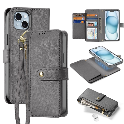 

For iPhone 15 DUX DUCIS Lawa Series 2 in 1 Wallet Zipper Detachable MagSafe Phone Case with Lanyard(Grey)