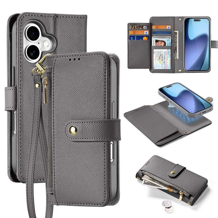 

For iPhone 17 DUX DUCIS Lawa Series 2 in 1 Wallet Zipper Detachable MagSafe Phone Case with Lanyard(Grey)