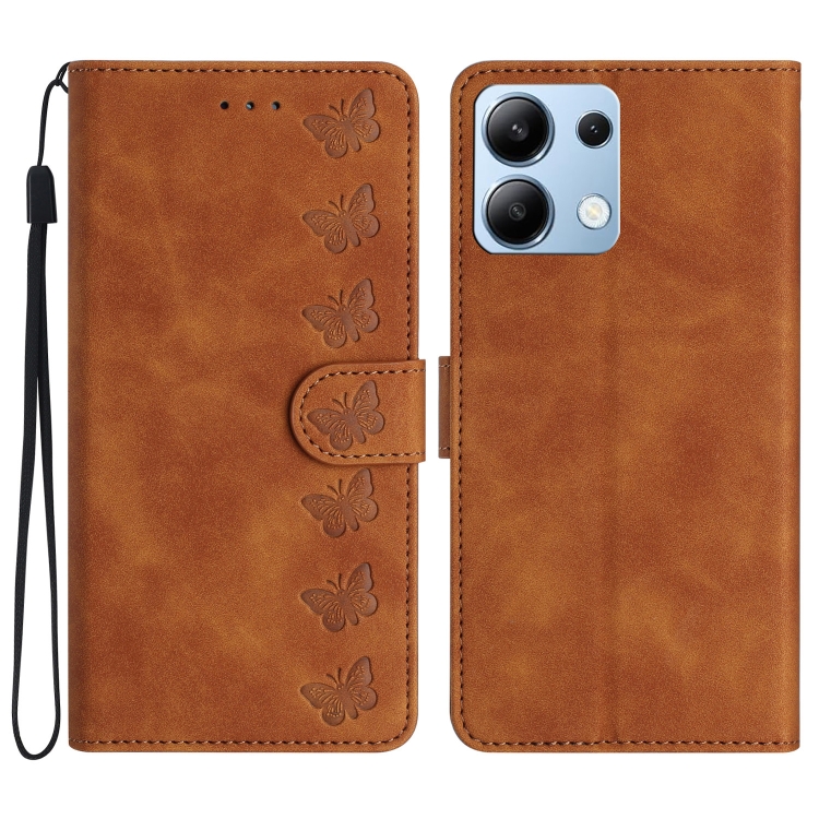 

For Redmi Note 13 4G Seven Butterflies Embossed Leather Phone Case(Brown)