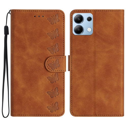 

For Redmi Note 14 4G Seven Butterflies Embossed Leather Phone Case(Brown)