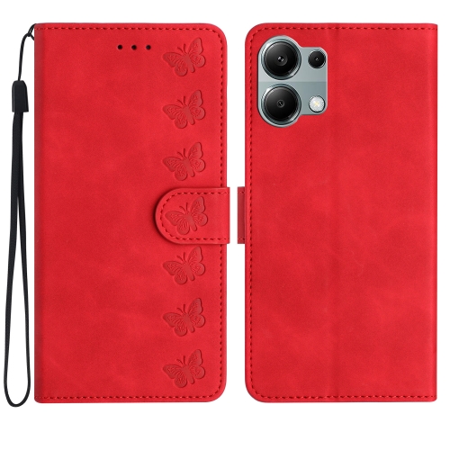 

For Redmi Note 13 Pro 4G Seven Butterflies Embossed Leather Phone Case(Red)