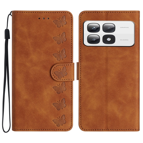 

For Xiaomi 14T Pro Seven Butterflies Embossed Leather Phone Case(Brown)