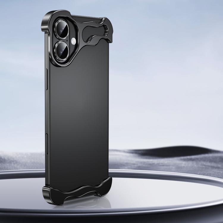 

For iPhone 16 Plus Frameless Metal Corner Pad Phone Case with Lens Film(Black)