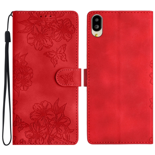 

For Sharp Basio active SHG09 Cherry Blossom Butterfly Skin Feel Embossed PU Phone Case(Red)