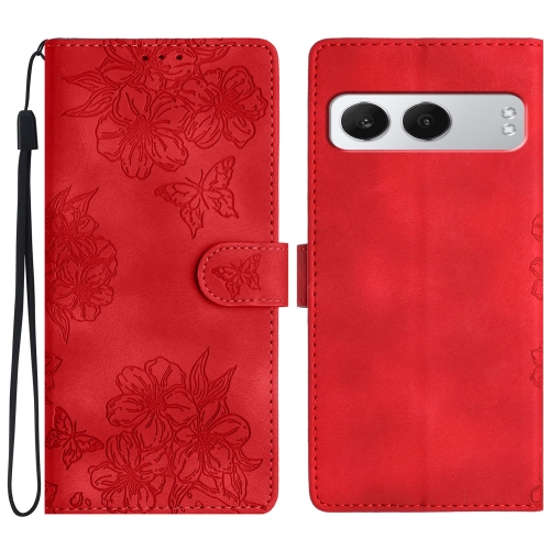 

For OnePlus Nord 4 Cherry Blossom Butterfly Skin Feel Embossed PU Phone Case(Red)