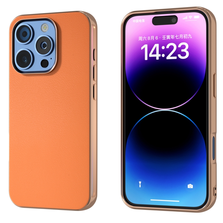 Pour iPhone 16 Pro Étui de téléphone à couverture complète en cuir PU avec cadre galvanisé (orange)