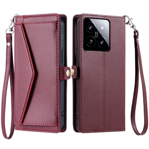 

For Xiaomi 14 Wallet Multi-card Slot Leather Phone Case with Lanyard(Wine Red)