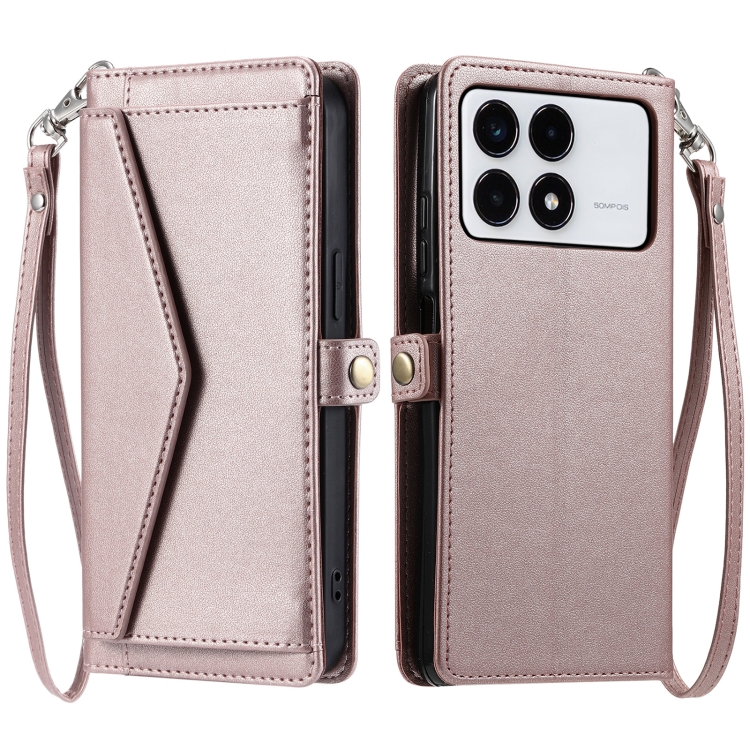 

For Xiaomi Poco F6 Pro Wallet Multi-card Slot Leather Phone Case with Lanyard(Rose Gold)