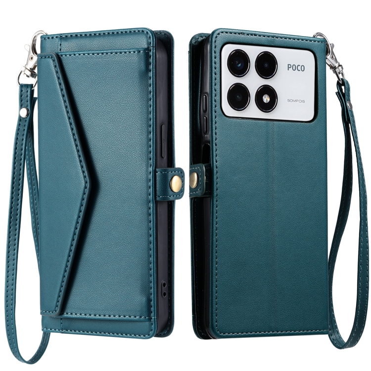 

For Xiaomi Poco F6 Pro Wallet Multi-card Slot Leather Phone Case with Lanyard(Green)