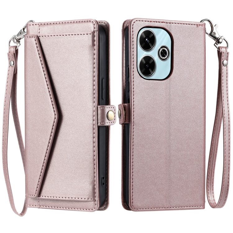 

For Redmi 13 4G Wallet Multi-card Slot Leather Phone Case with Lanyard(Rose Gold)