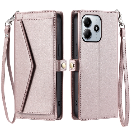 For Xiaomi Redmi Note 14 5G Wallet Multi-card Slot Leather Phone Case with Lanyard(Rose Gold)