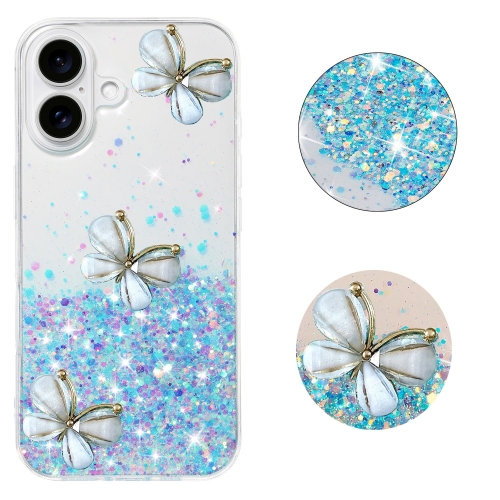 

For iPhone 16 Luminous Starry Sky Glitter Butterfly TPU Phone Case(Blue)