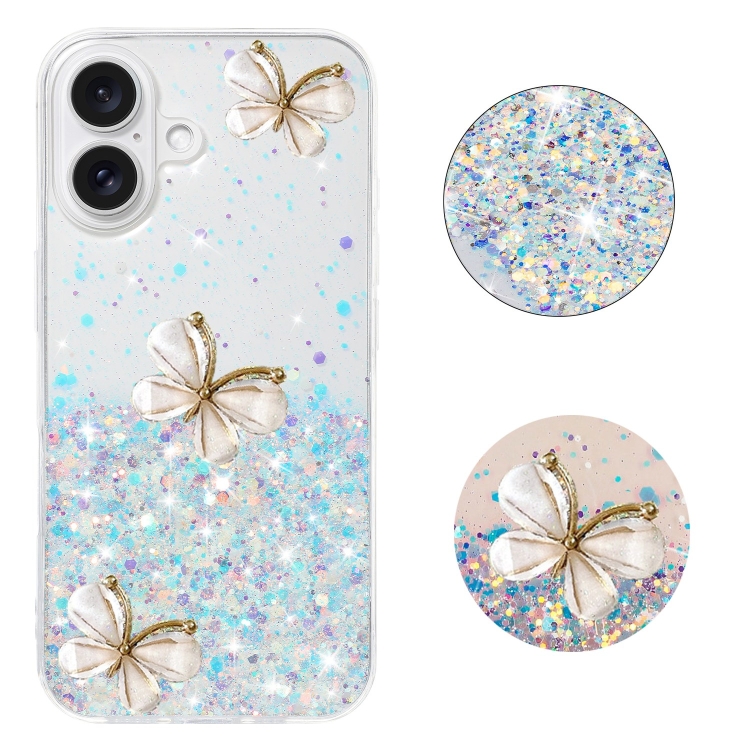 

For iPhone 16 Luminous Starry Sky Glitter Butterfly TPU Phone Case(White)