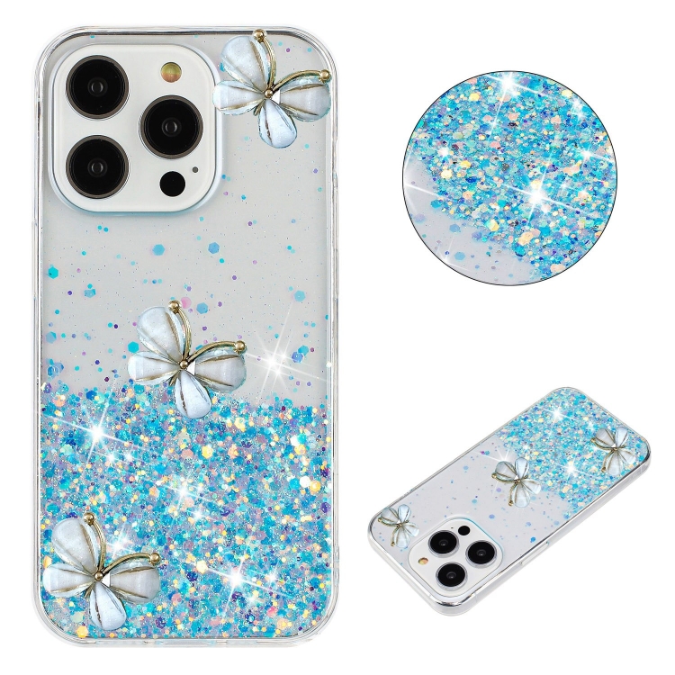 

For iPhone 15 Pro Max Luminous Starry Sky Glitter Butterfly TPU Phone Case(Blue)