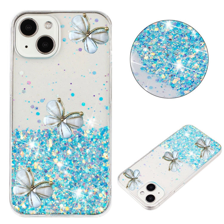 

For iPhone 15 Luminous Starry Sky Glitter Butterfly TPU Phone Case(Blue)
